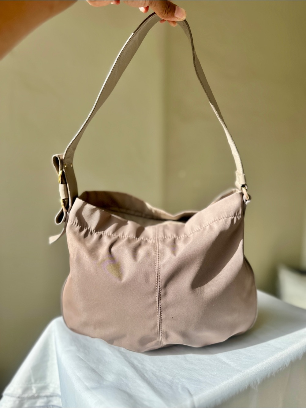 SALVATORE FERRAGAMO Vara Nylon Leather Hobo Shoulder Bag Taupe - Picture 3 of 14